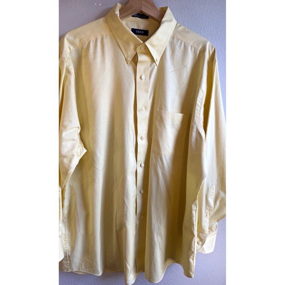 IZOD Men's XL 17-17 1/2 32/33 Yellow Solid Wrinkle Free Twill Dress Shirt